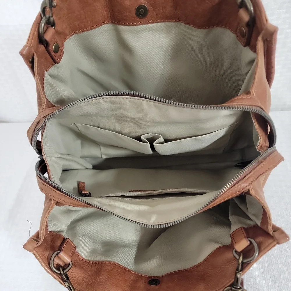 American Leather Co Lenox Triple Entry Satchel Tan Genuine Leather Shoulder Bag